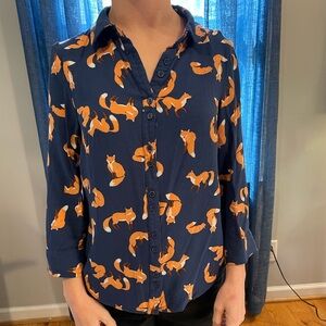Modcloth XXS Fox Print Button Up Blouse-Sunny Spirit--Bracelet Sleeves-Navy